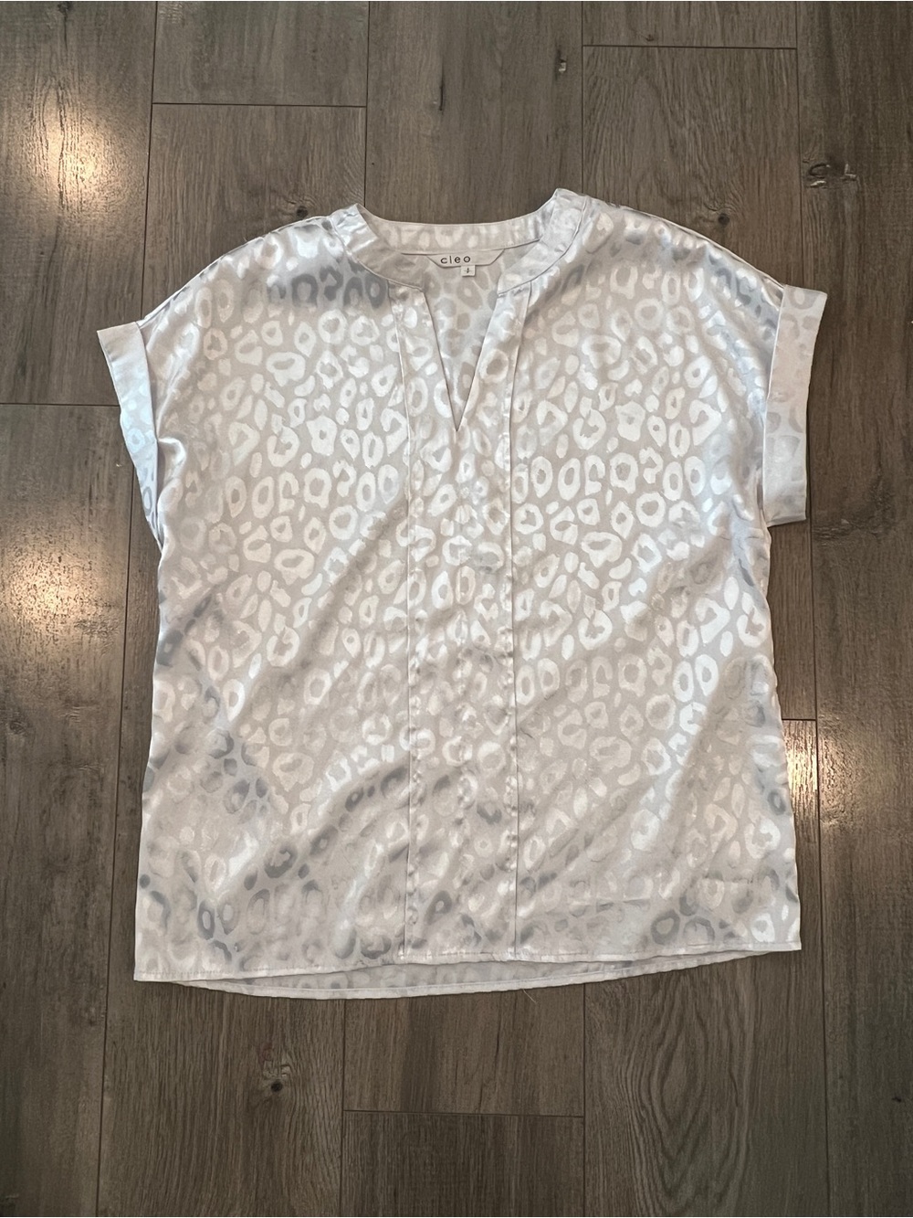 Cleo White Leopard-Print Satin Short-Sleeve Blouse